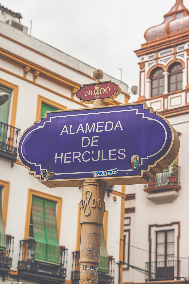 blue street sign of tje alameda de hercules on a street in seville spain